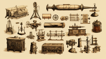 Collection of vintage scientific and industrial equipment, showcasing intricate designs and engineering marvels from the past.