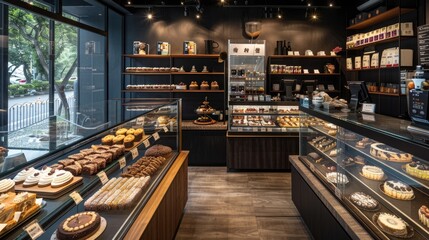 A highangle shot of a Taiwanese bakery featuring beautifully decorated cakes and pastries, with a modern and stylish interior