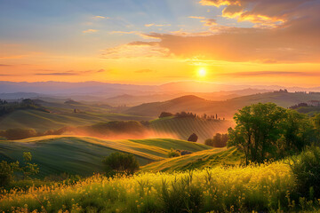 Embrace New Beginnings: A Serene Sunrise Over Rolling Countryside Hills - Nature's Morning Grace
