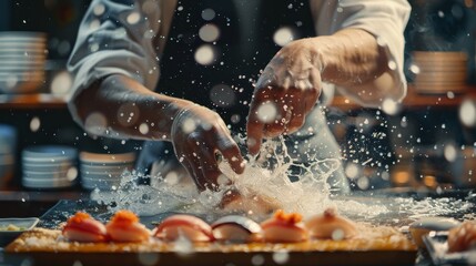 A lively scene of a sushi chef at work, shaping nigiri with precise movements, with a blurred sushi bar background emphasizing the chef s hands