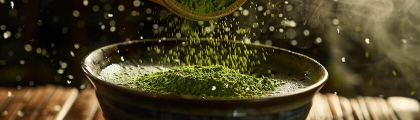 A macro shot of matcha powder being sifted over a frothy bowl of green tea, with traditional tea ceremony accessories displayed in soft focus