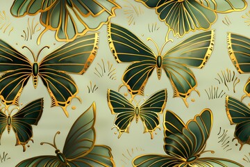 Seamless green and gold butterfly pattern 