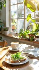 A modern Australian cafe table with a flat white and a plate of avocado toast, set against a bright, airy interior with plants