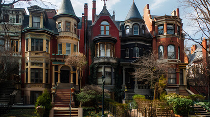 Spacious Row houses sidewalk front flowers ,Colorful row houses  ,wide-angle shot of italianate row houses with notable deep eaves