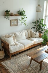 Cozy Living Room with White Sofa, Wooden Coffee Table, and Plants