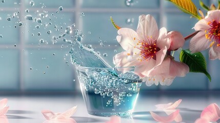   A glass of water splashed with water and surrounded by pink flowers