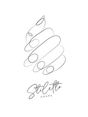 Woman hand with stiletto shape nails drawing in linear style on white background