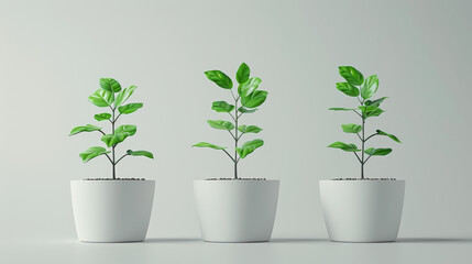 Three green plants in white pots against a neutral background, creating a minimalistic and clean atmosphere