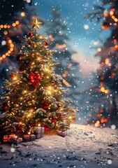 Christmas Tree In Snowy Forest Background With Lights And Snowflakes