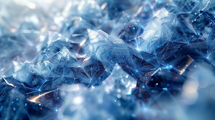 Geometric Style, A detailed abstract image with blue ice textures, geometric forms, and gray lines, enhanced by colorful touches to represent digital connectivity. Various colors, shiny,