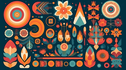 Fototapeta premium Set of abstract retro geometric shapes vector. Collection of contemporary figure, sparkle, arrow, flower in 70s groovy style