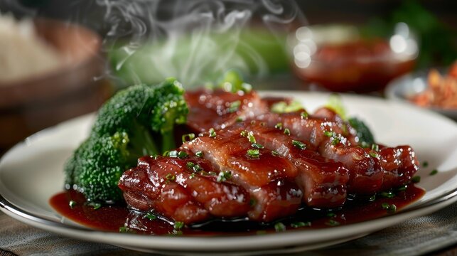 A plate of Chinese char siu pork with honey glaze and steamed vegetables in a Hong Kongstyle BBQ restaurant