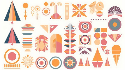 Set of abstract retro geometric shapes vector. Collection of contemporary figure, sparkle, arrow, flower in 70s groovy style
