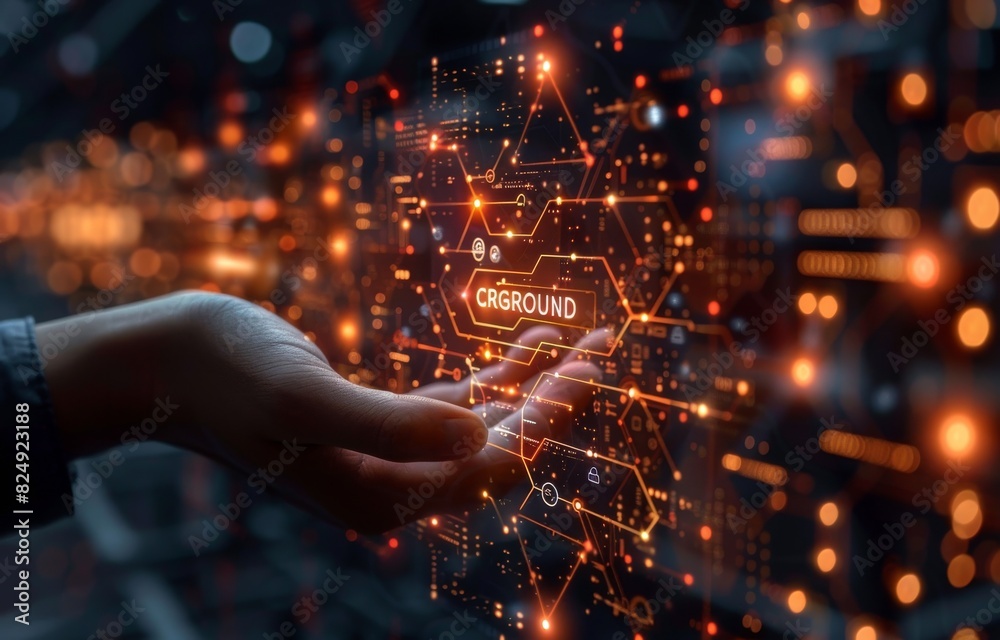 Poster hand interacting with advanced ai and crm system interface with glowing digital circuits