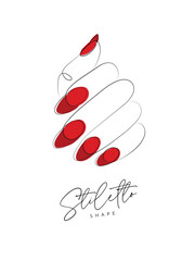 Woman hand with red stiletto shape nails drawing in linear style on white background