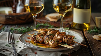 A plate of Greek souvlaki with a glass of retsina wine