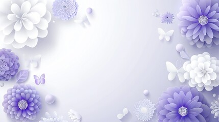  Light blue background with purple and white flowers and butterflies, space for text on the left