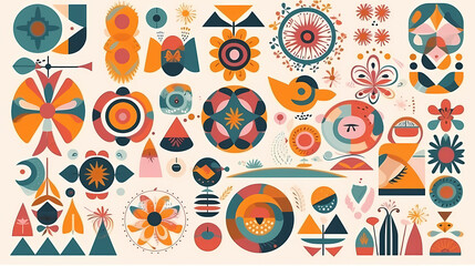 Fototapeta premium Set of abstract retro geometric shapes vector. Collection of contemporary figure, sparkle, arrow, flower in 70s groovy style