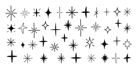 Large Set of thin uneven dynamic black stars of different shapes and types, hand-drawn on a white background. Isolated grunge elements for presentation, cards, business, study. Vector illustration Eps