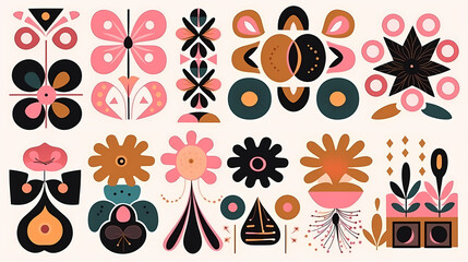 Fototapeta premium Set of abstract retro geometric shapes vector. Collection of contemporary figure, sparkle, arrow, flower in 70s groovy style