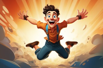 Illustration of a cartoon character guy flying in a jump, expressing joy and jubilation