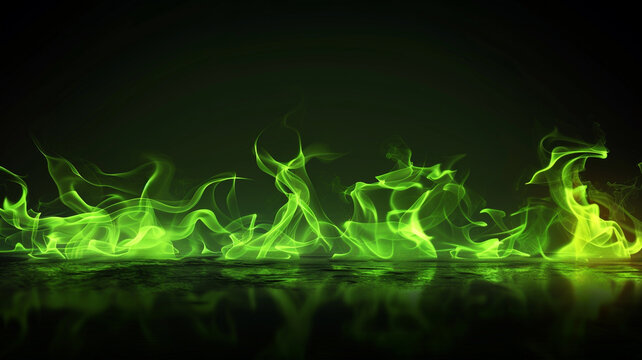 green fire flames burning on black background