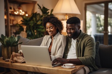 Fototapeta premium African American couple using laptop, video chatting or other social interactions via internet