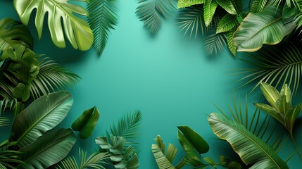 Fototapeta na wymiar A lush green palm tree scene on a tranquil tropical backdrop, accompanied by a serene blue backdrop featuring ample space for text and inscription