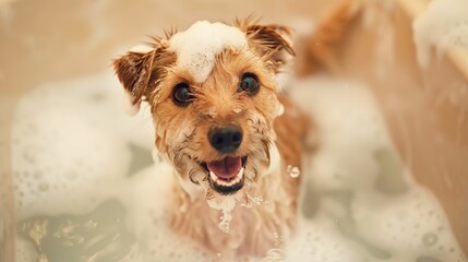 Happy dog in a bathtub covered in soap suds, looking up at its owner with a wagging tail