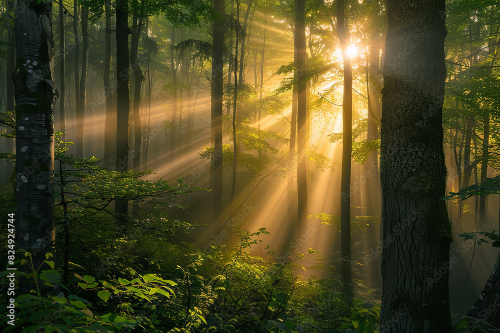 Canvas Prints Serene Dawn Light Filtering Through Forest Trees  