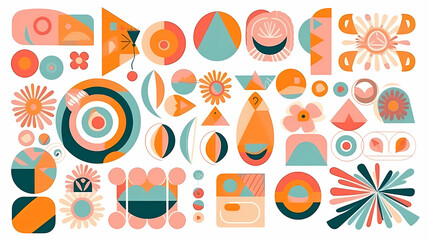 Set of abstract retro geometric shapes vector. Collection of contemporary figure, sparkle, arrow, flower in 70s groovy style