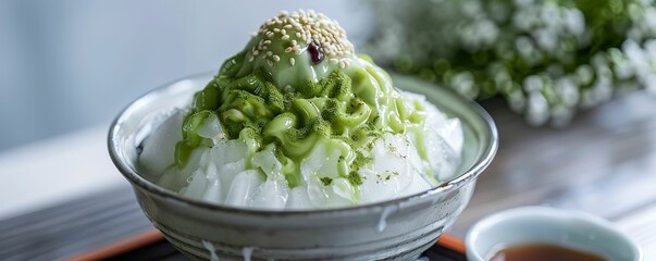 Japanese shaved ice (kakigori) topped with matcha syrup, red bean paste, and condensed milk