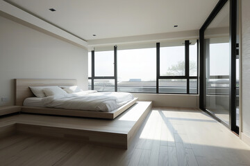 Minimalist Bedroom Bathed in Morning Light Through Large Windows  