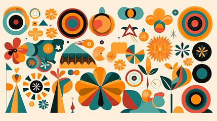 Set of abstract retro geometric shapes vector. Collection of contemporary figure, sparkle, arrow, flower in 70s groovy style