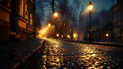 Old City Street at Night Illuminated by Vintage Lampposts  