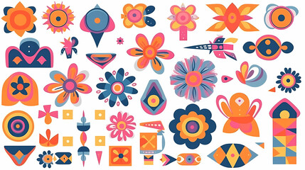 Set of abstract retro geometric shapes vector. Collection of contemporary figure, sparkle, arrow, flower in 70s groovy style