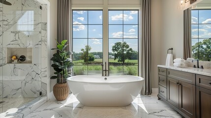 Luxurious bathroom with a freestanding bathtub, marble flooring, and a large window overlooking a serene landscape
