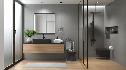 Minimalist bathroom with sleek black fixtures, a floating vanity, and a frameless glass shower enclosure