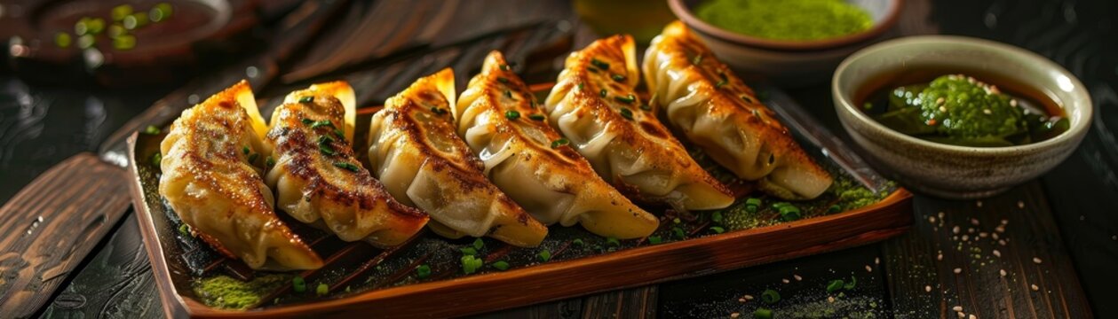 A platter of Japanese gyoza with a cup of matcha tea