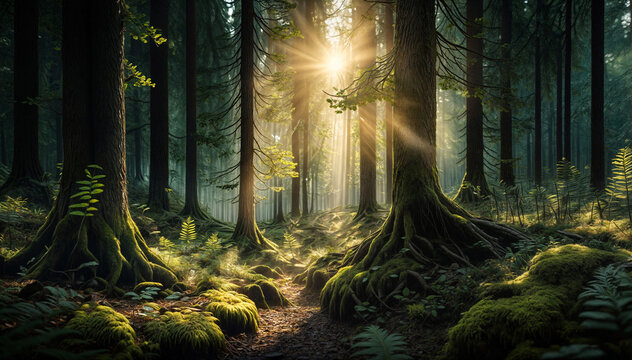 Quiet forest mouning with sunlight fiitering through the trees.