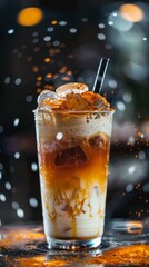A refreshing glass of Thai iced tea with layers of milk and tea, served with a straw on a street food table