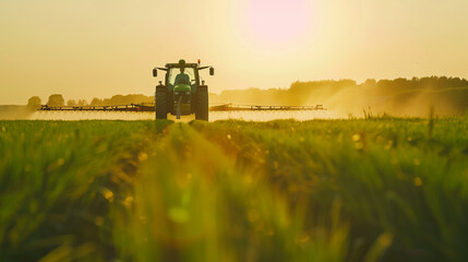 Fototapeta premium a tractor plows a field at sunset, a view from a drone. tractor in the field