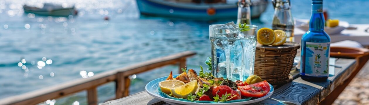 A refreshing Greek ouzo with a side of meze, enjoyed at a seaside taverna