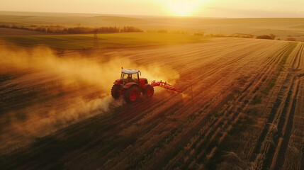 Fototapeta premium a tractor plows a field at sunset, a view from a drone. tractor in the field