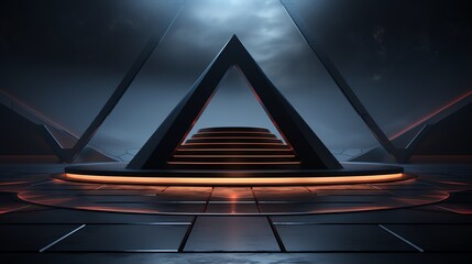 Futuristic dark sci-fi scene with geometric triangle shapes, illuminated platform stairs, and glowing ambient lights.