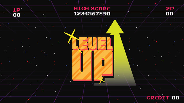 LEVEL UP INSERT A COIN TO CONTINUE .pixel art .8 bit game.retro game. for game assets in vector illustrations.	