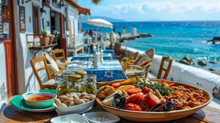 Obraz premium A rustic Greek island taverna with a platter of assorted meze, with the sea and whitewashed buildings creating a picturesque backdrop