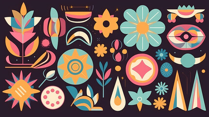 Fototapeta premium Set of abstract retro geometric shapes vector. Collection of contemporary figure, sparkle, arrow, flower in 70s groovy style