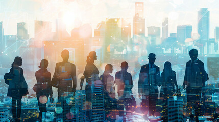 Silhouettes of people with cityscape and digital interface overlay