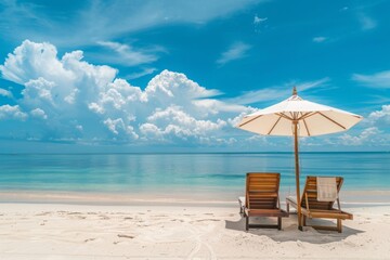 Two outdoor chairs and an umbrella sit on the sandy beach, under the azure sky with fluffy clouds. 
